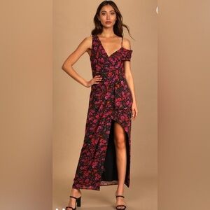Lulus With a Flourish Black Floral Print Off-the-Shoulder Maxi Dress
